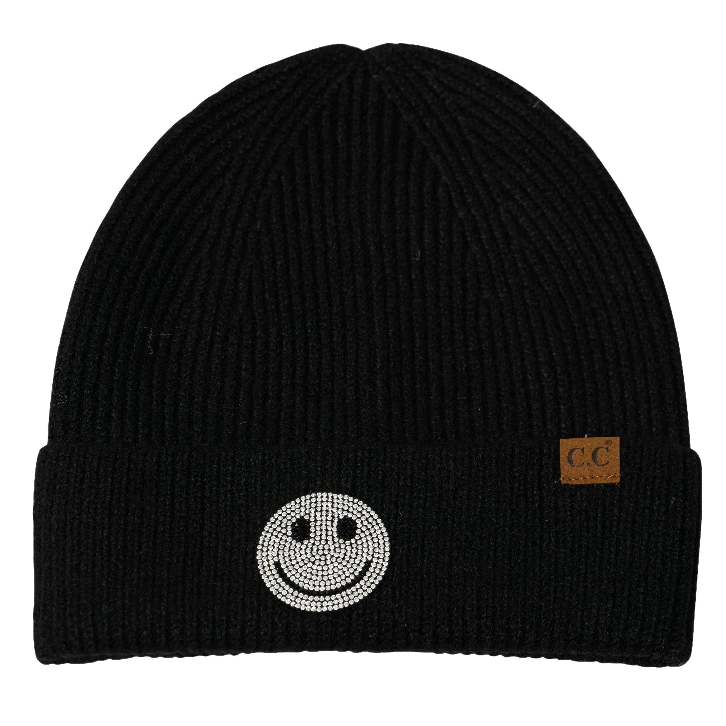 Beanie with Rhinestone Happy Face Patch