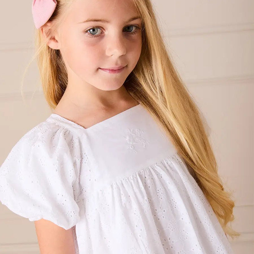 Flower Embroidered Broderie Anglaise Short Sleeve Dress in White (12mths-12yrs)