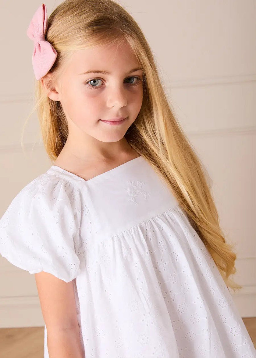 Flower Embroidered Broderie Anglaise Short Sleeve Dress in White (12mths-12yrs)