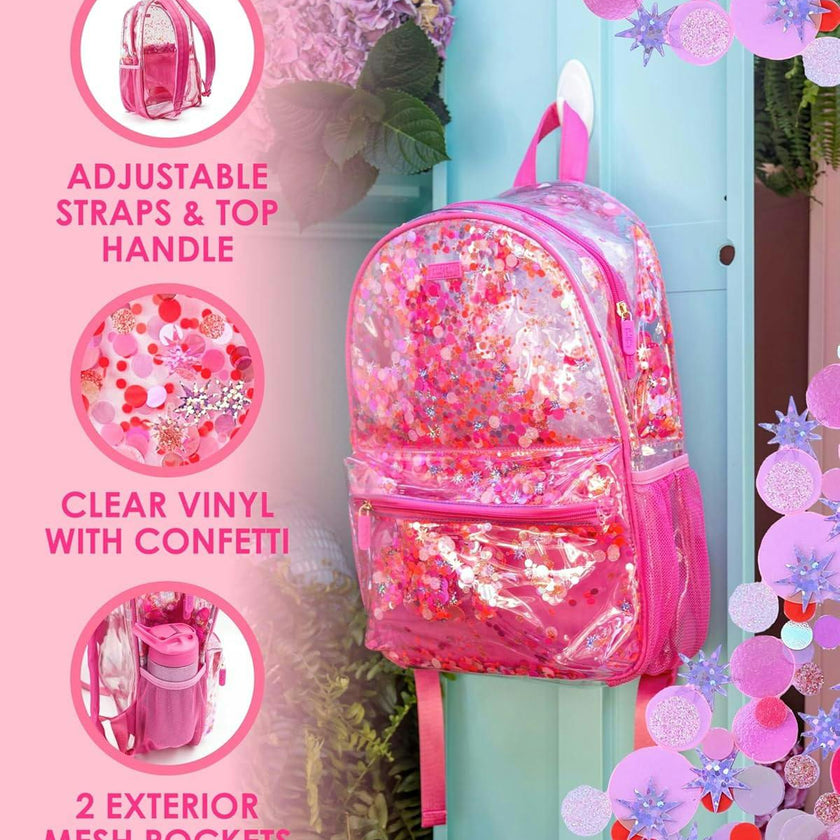 Packed Party Sweet Tart Pink Confetti Backpack Women's Fashion Shoulder Clear Book Bag; Trendy Confetti Look for Work and Travel (Pink - Sweet Tart)