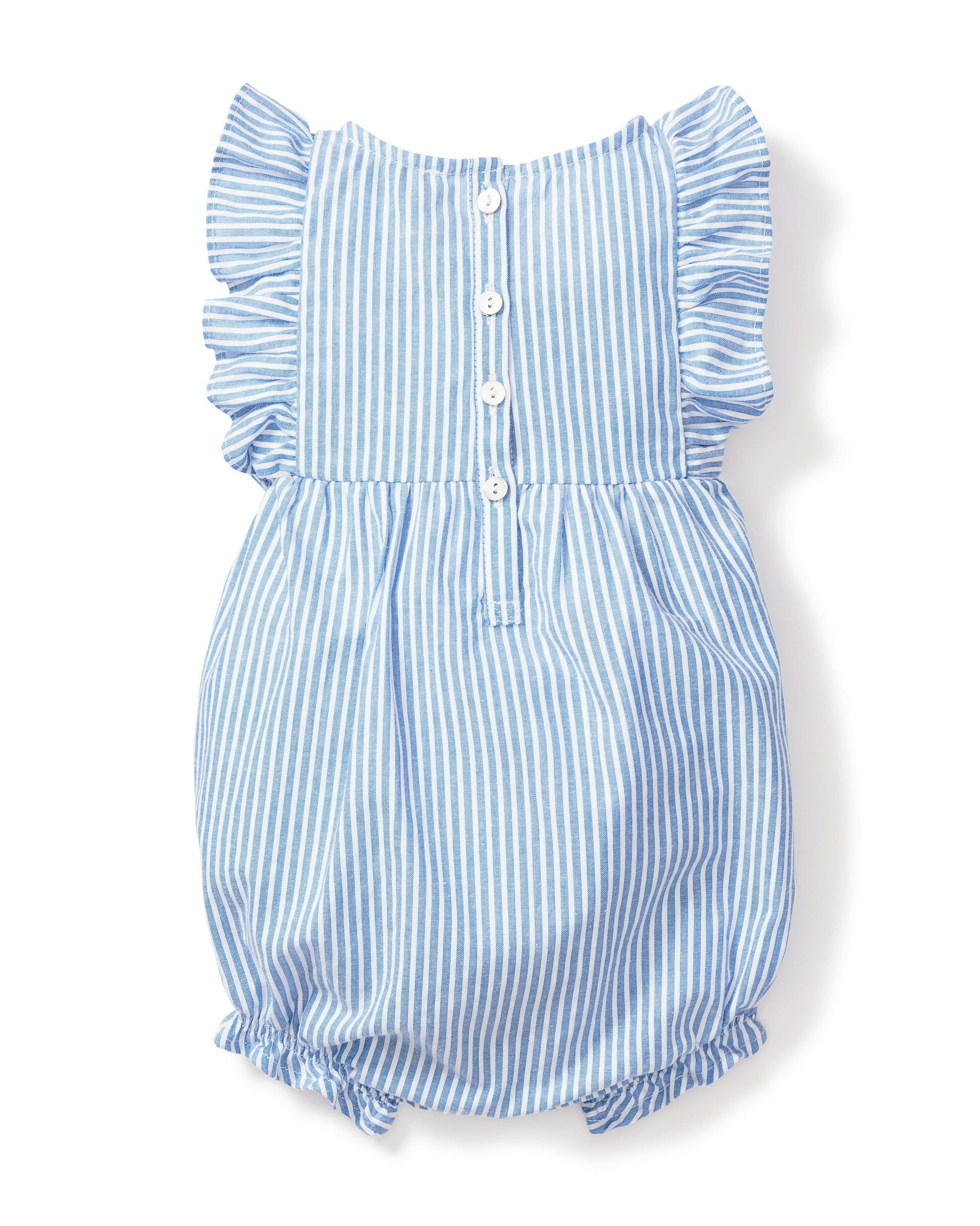 Baby's Twill Ruffled Romper in French Blue Stripes