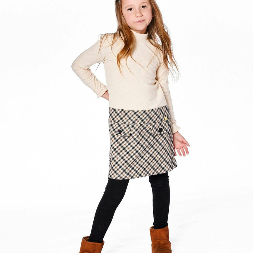 Long Sleeve Bi-Material Mock Neck Dress and Plaid