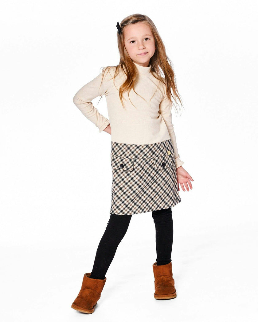 Long Sleeve Bi-Material Mock Neck Dress and Plaid