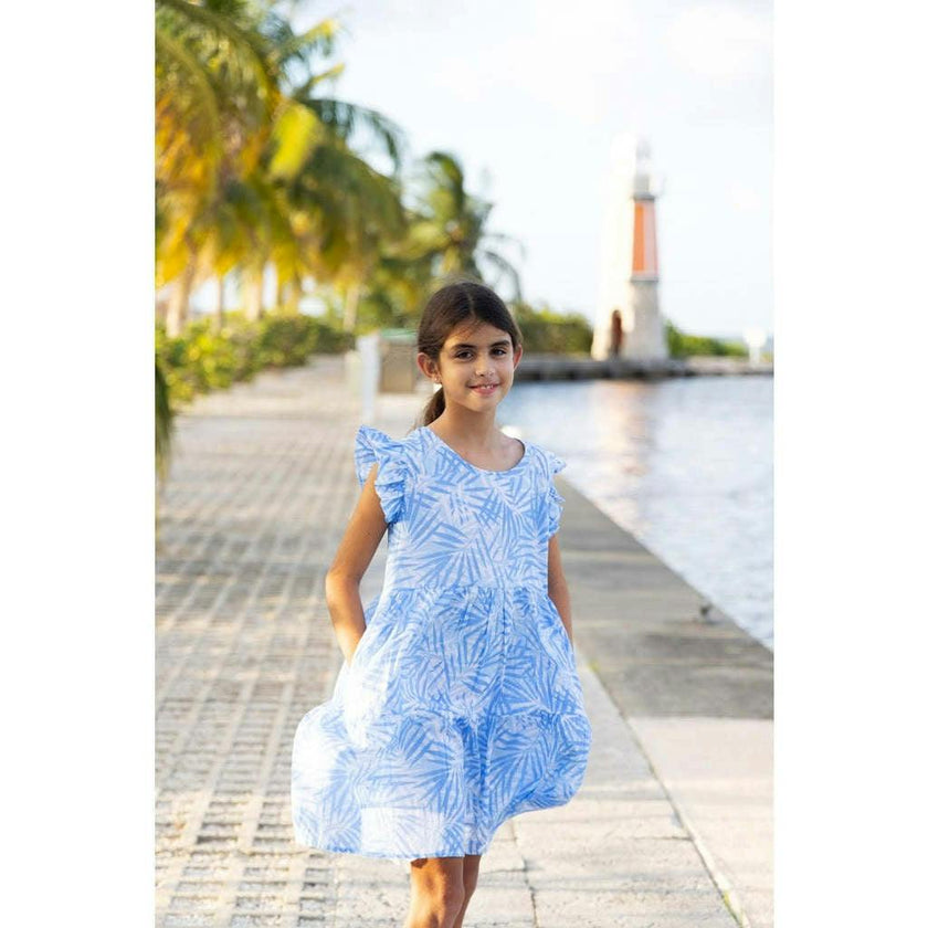 Tropical Palms Blue Summer Tier Dress