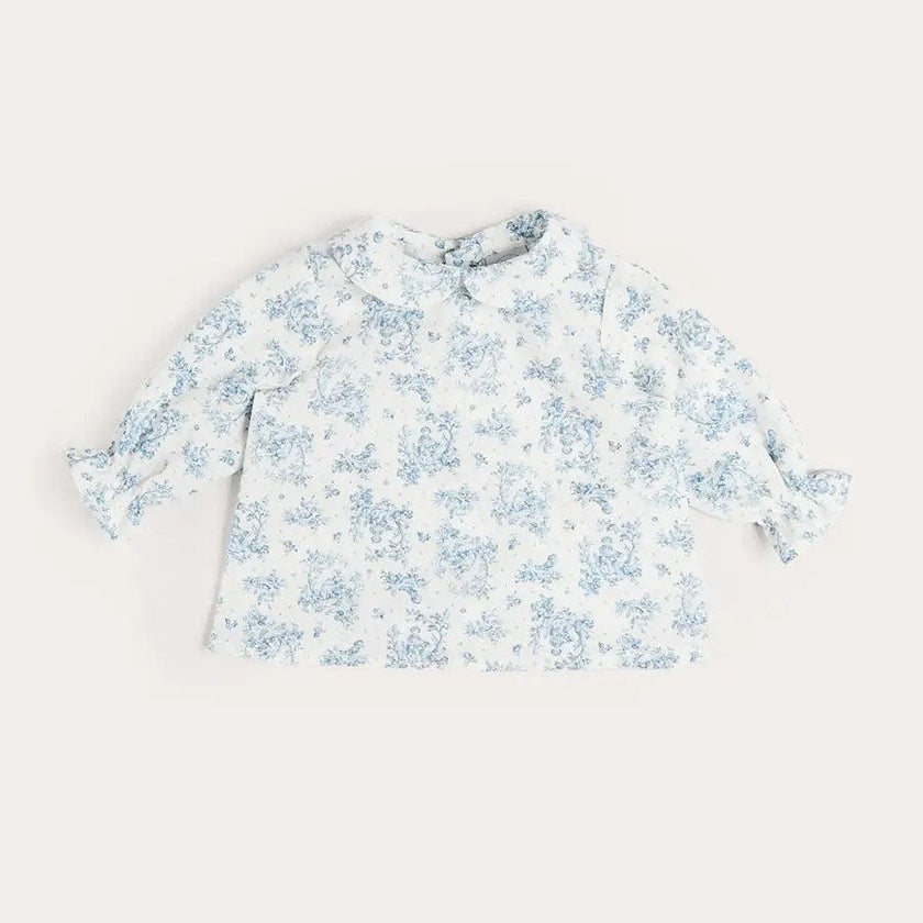 Audrey Toile Peter Pan Collar Long Sleeve Blouse in Blue (1mth-12mths)