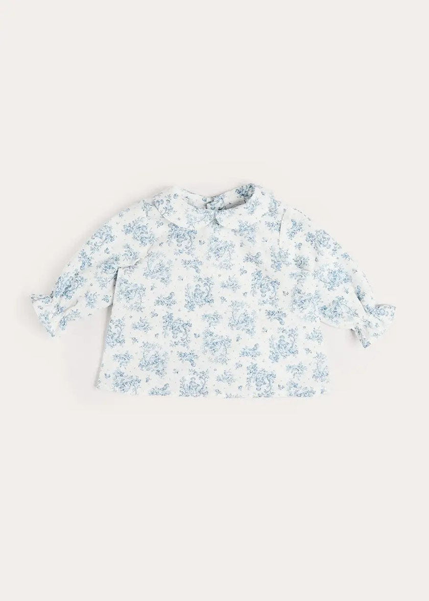 Audrey Toile Peter Pan Collar Long Sleeve Blouse in Blue (1mth-12mths)