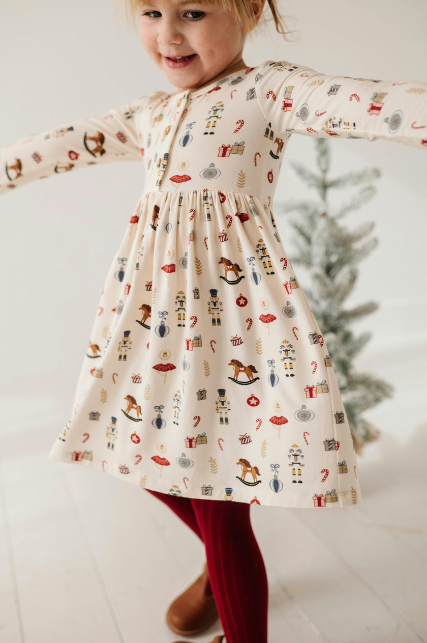 Girls Long Sleeve Henley Dress in Nutcracker