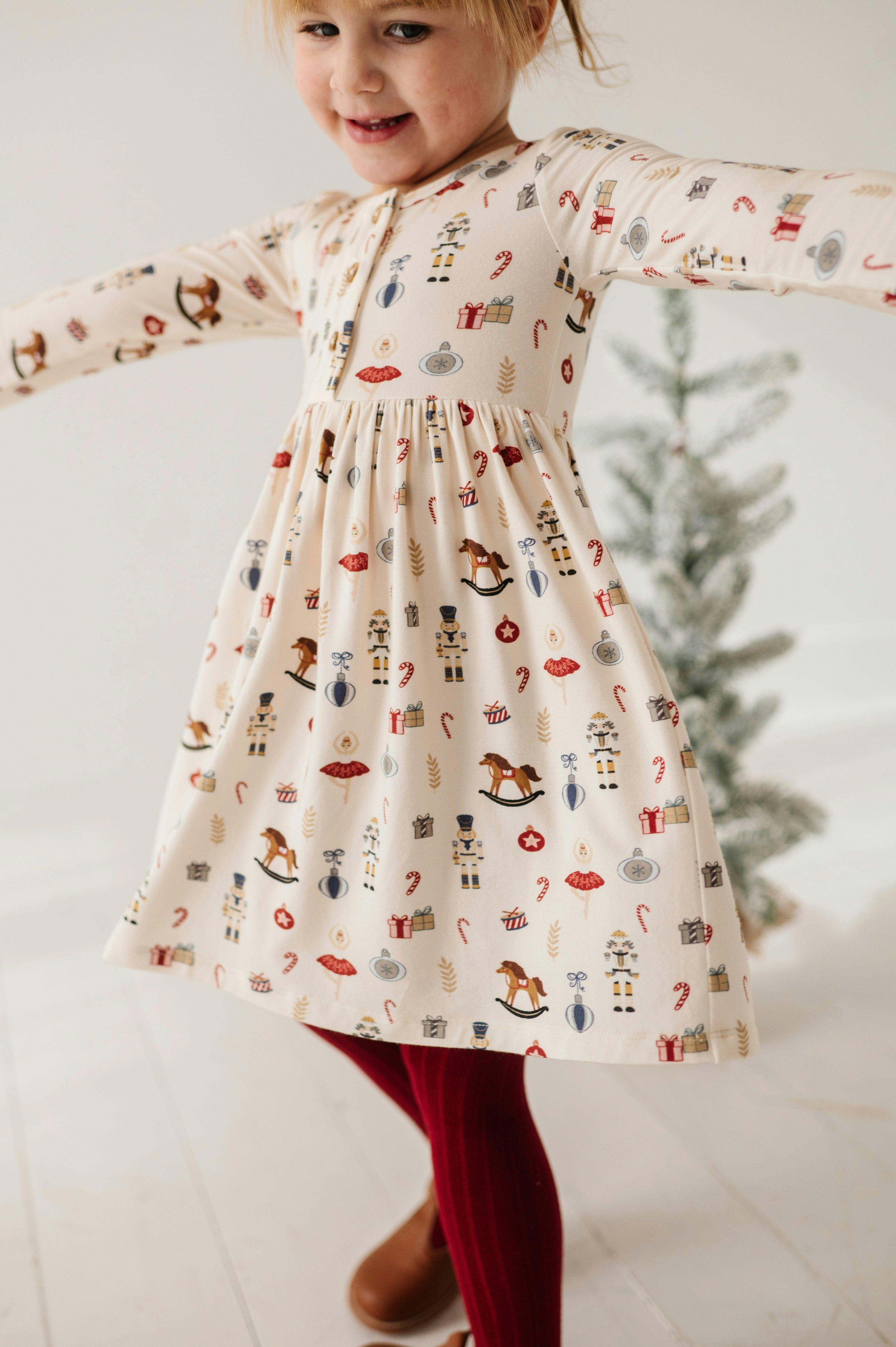 Girls Long Sleeve Henley Dress in Nutcracker