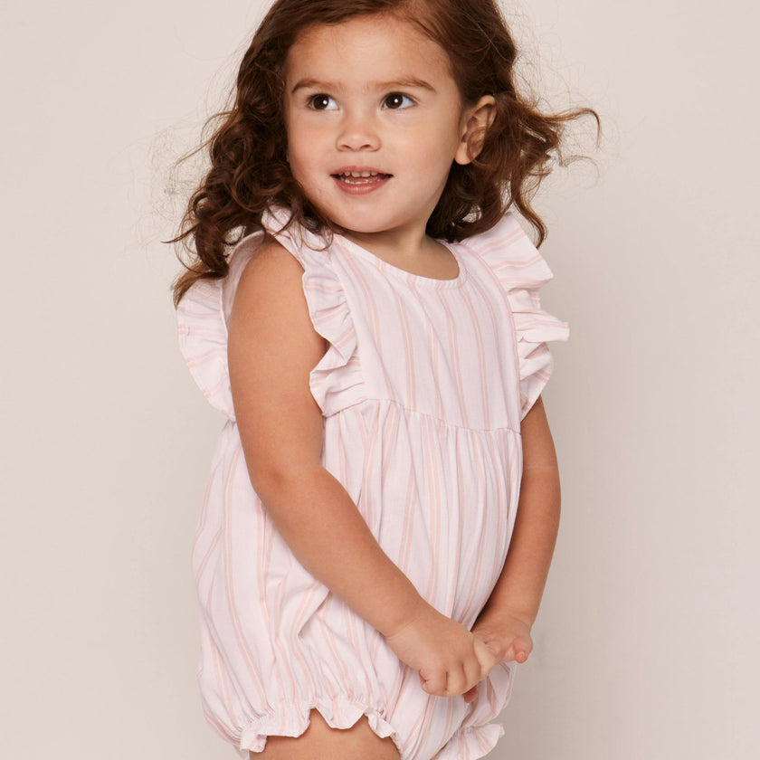 Baby's Twill Stripe Ruffled Romper in Pink and White Stripe