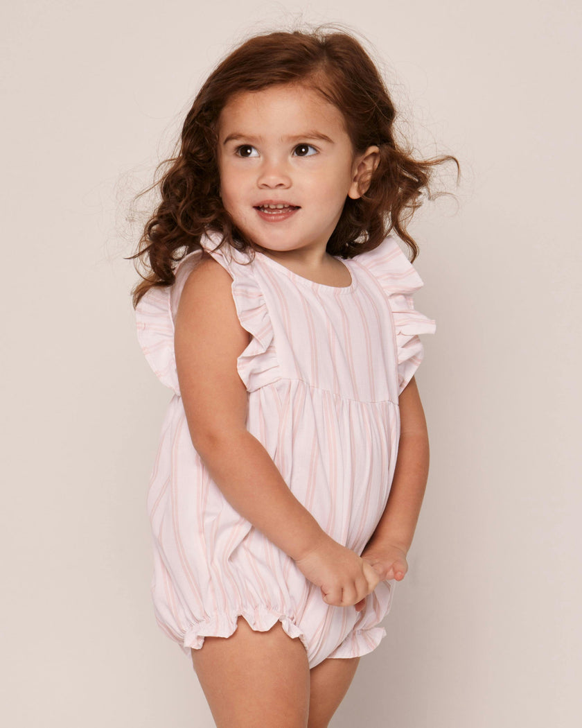 Baby's Twill Stripe Ruffled Romper in Pink and White Stripe