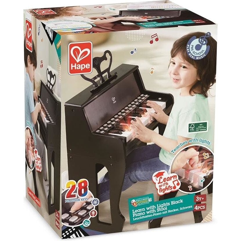 Hape: Learn With Lights Piano w/ Stool - Black - Wooden Electric Musical Toy