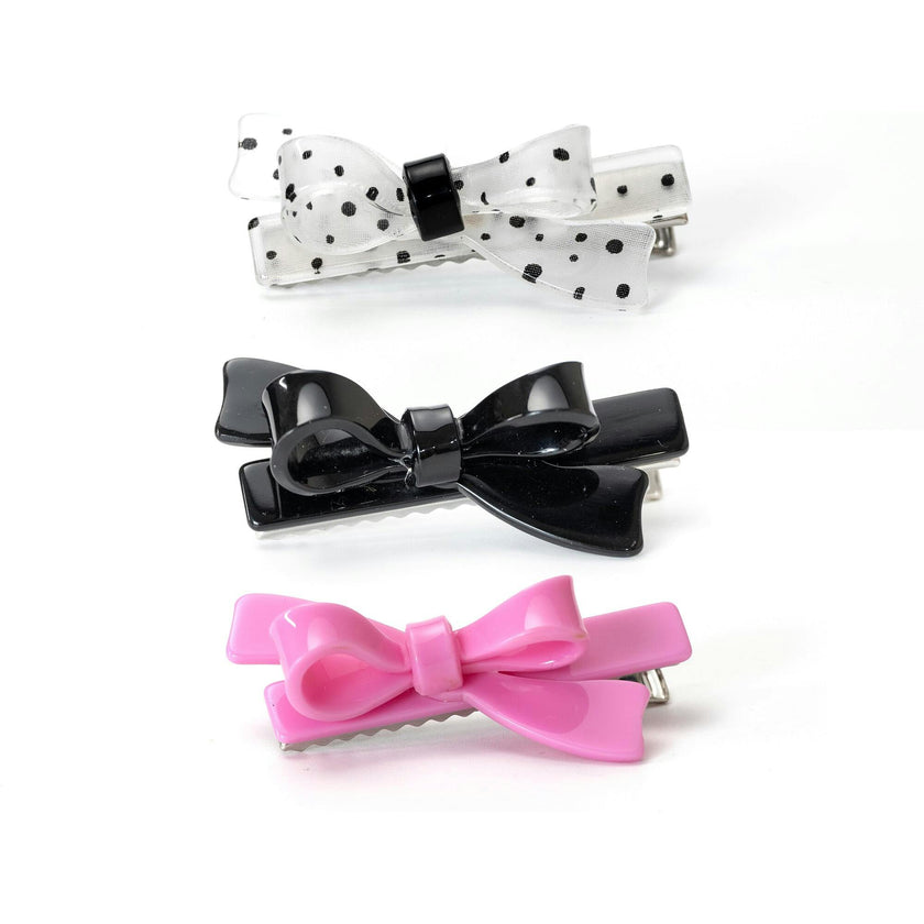 Bows Pink Black and Polka Dots Hair Clips