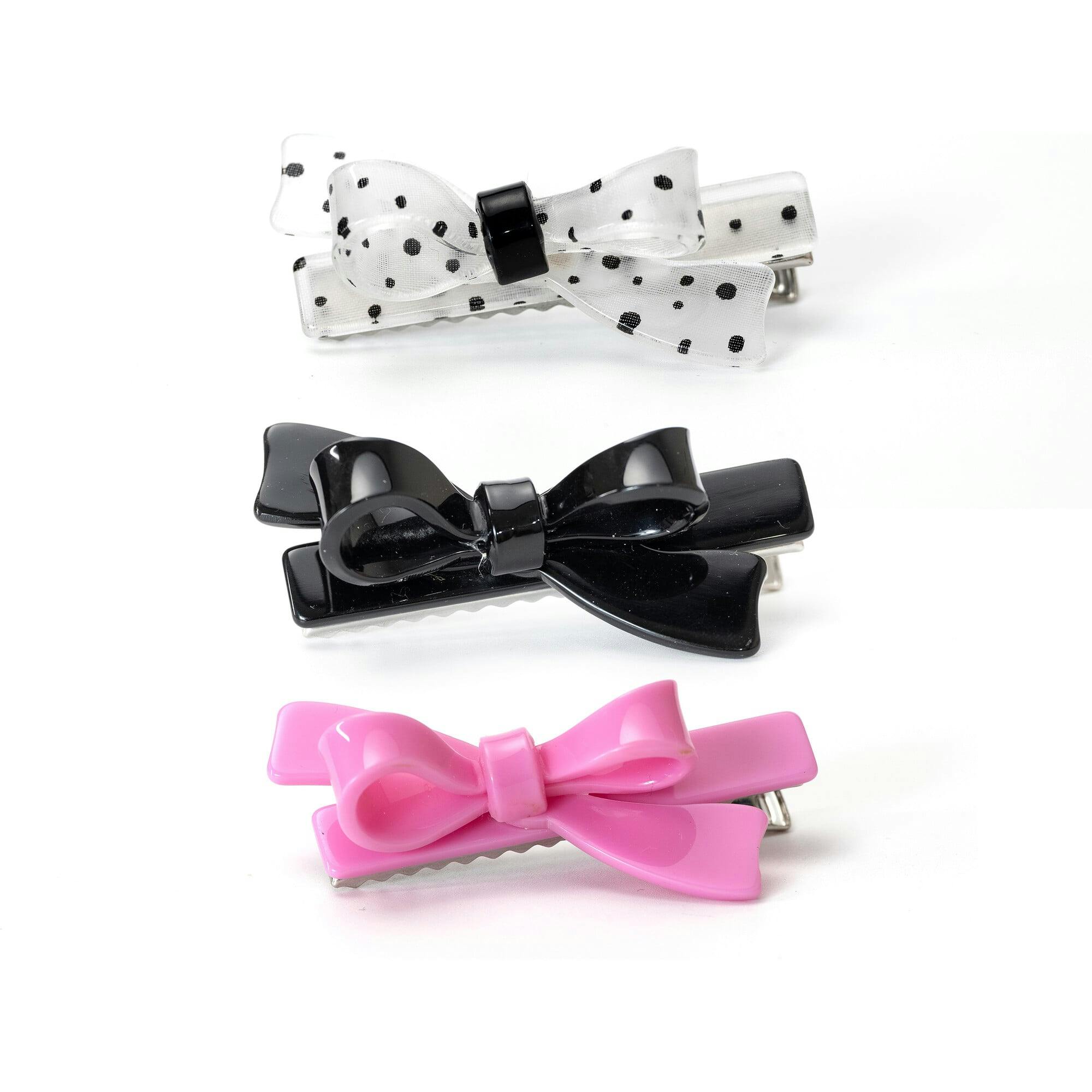 Bows Pink Black and Polka Dots Hair Clips