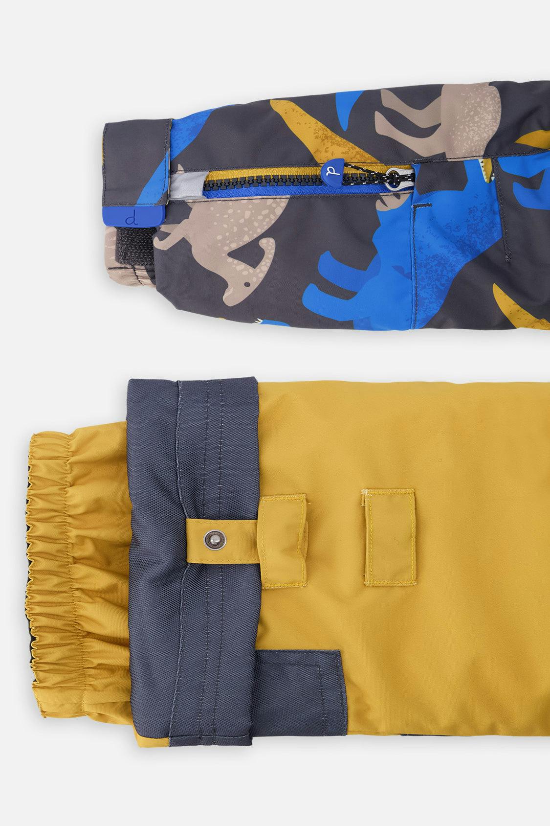 Two Piece Play Snowsuit Grey and Blue Dinosaur Print with Yellow Pants