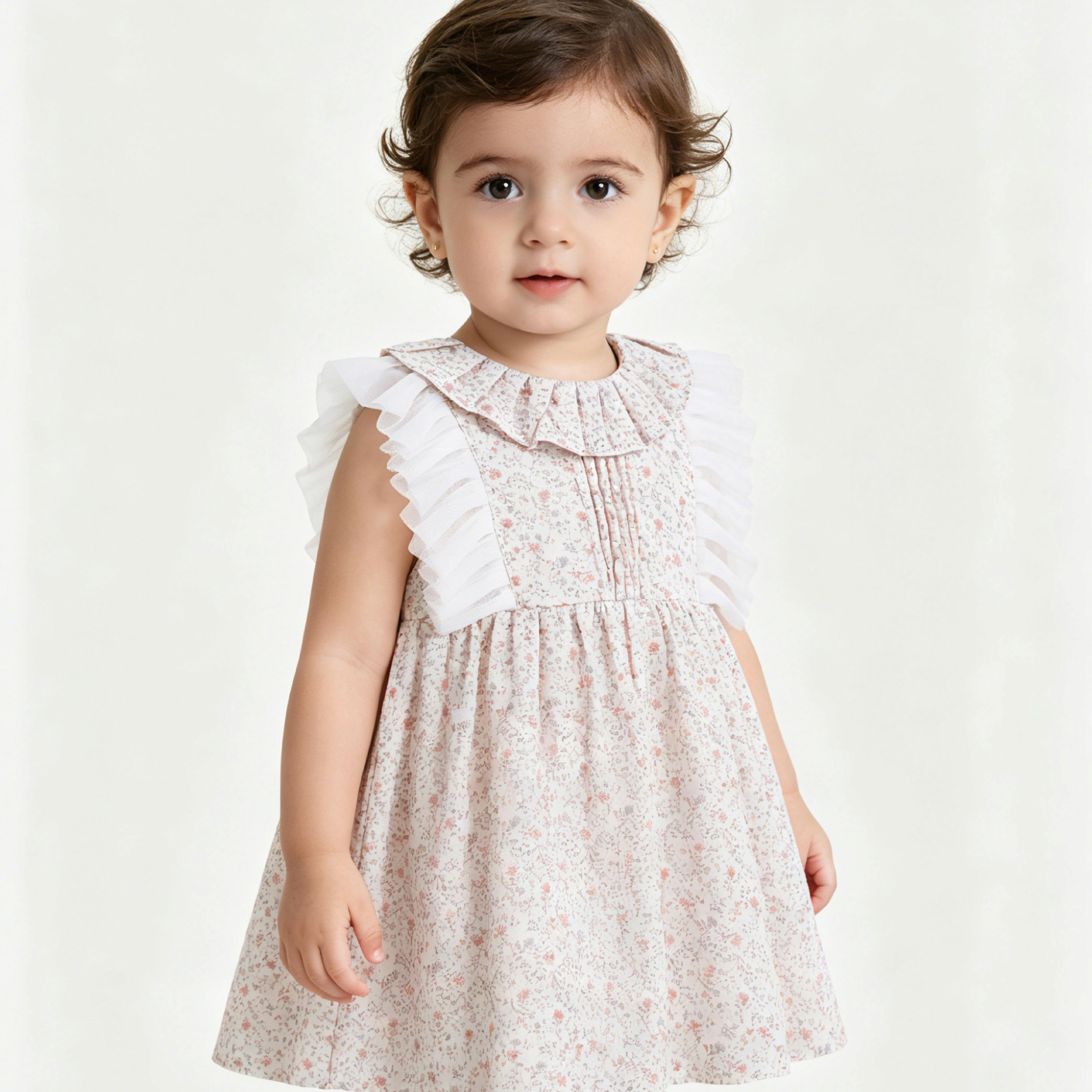 Cream Floral Ruffle Dress