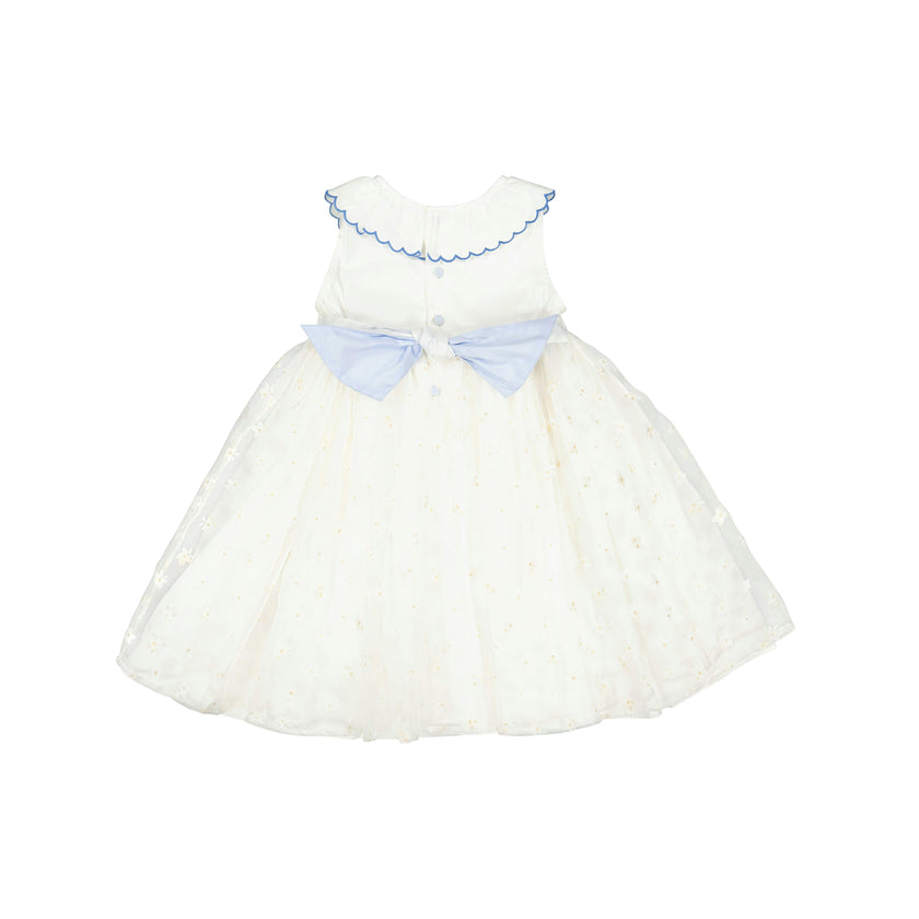 Cordelia White Linen Dress with Blue Tulle Embroidery