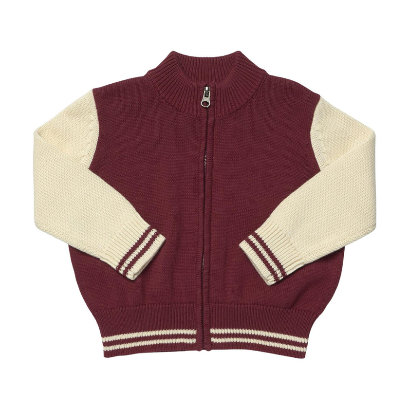 Boys Varsity Zip Sweater - Burgundy Cream