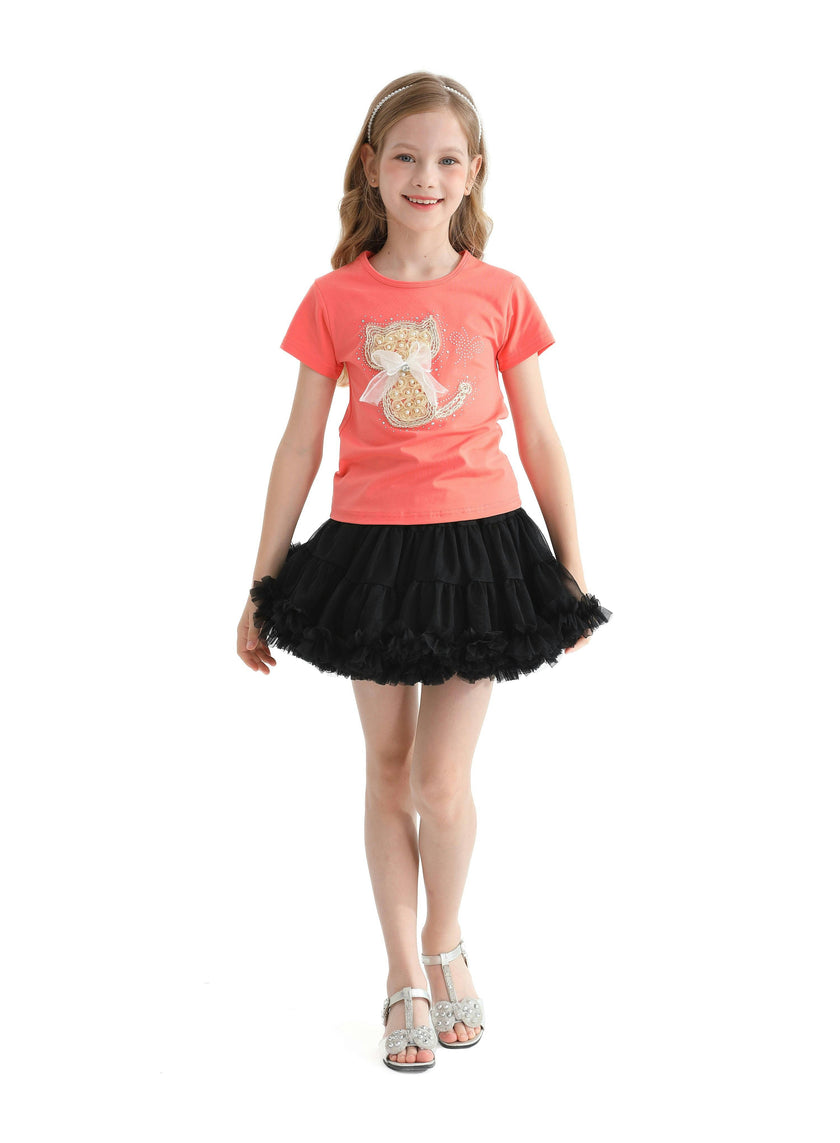Orange Cat Applique T-Shirt