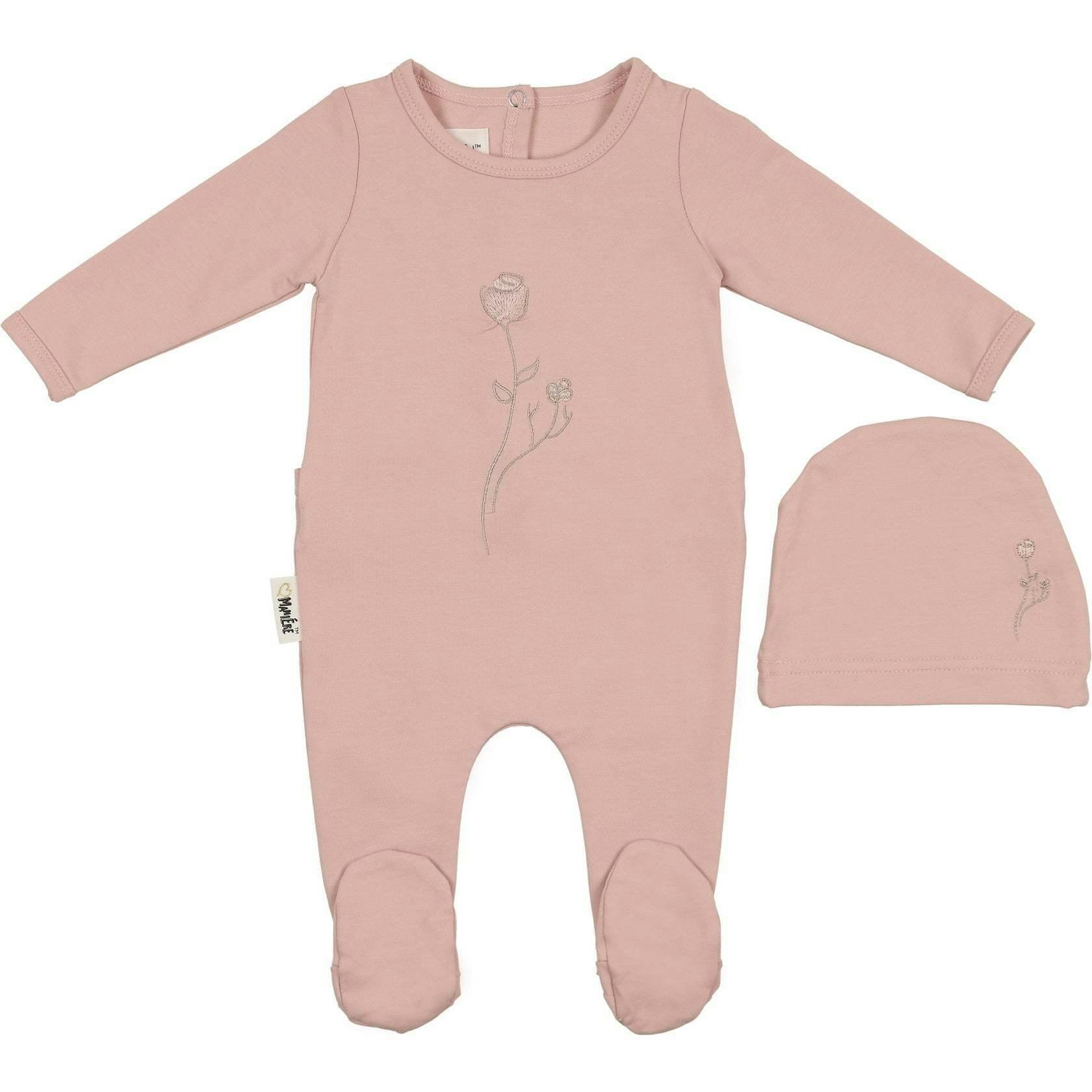 Embroidered Rose Footie and Beanie Set
