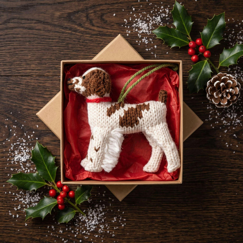 Brittany Spaniel Dog Hand Knit Christmas Ornament