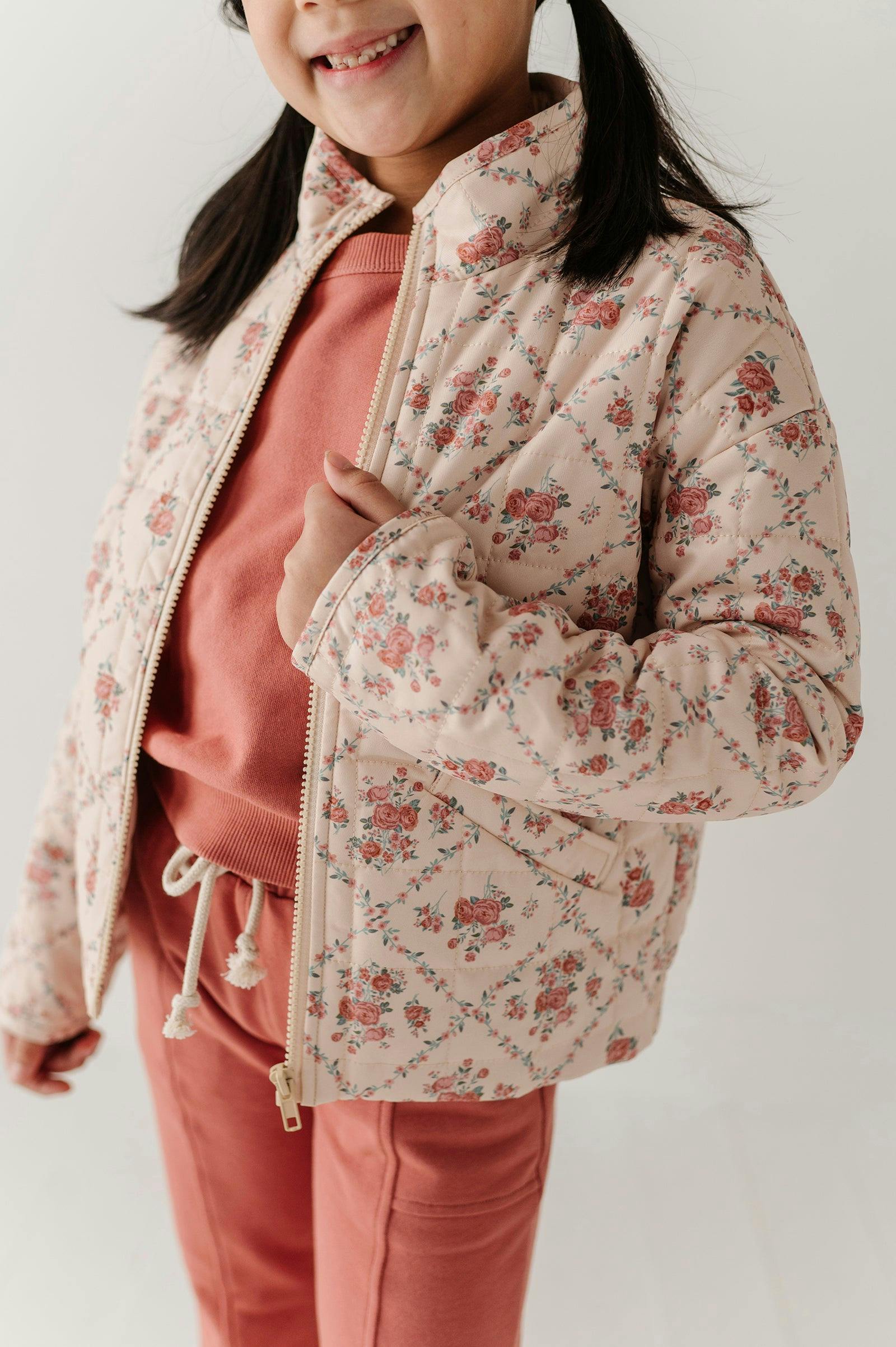 Girls Quilted Floral Bomber Jacket in Easton Diamond Rose