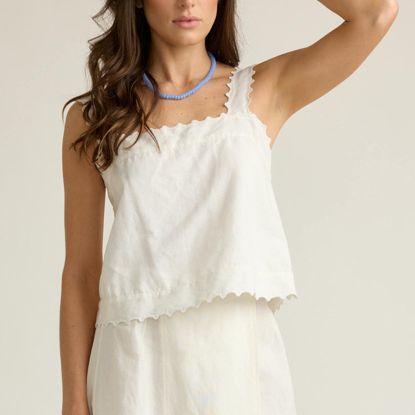 women's white linen scalloped tank