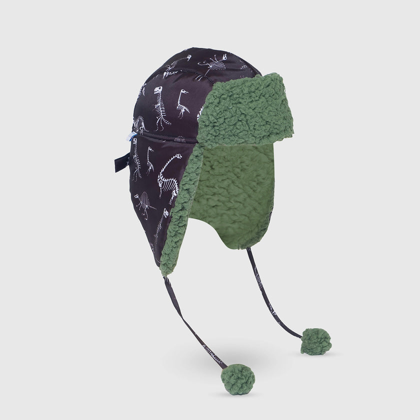 The Cozy Trapper – Dino Bones Print with Katydid Green Sherpa Liner & Pompoms