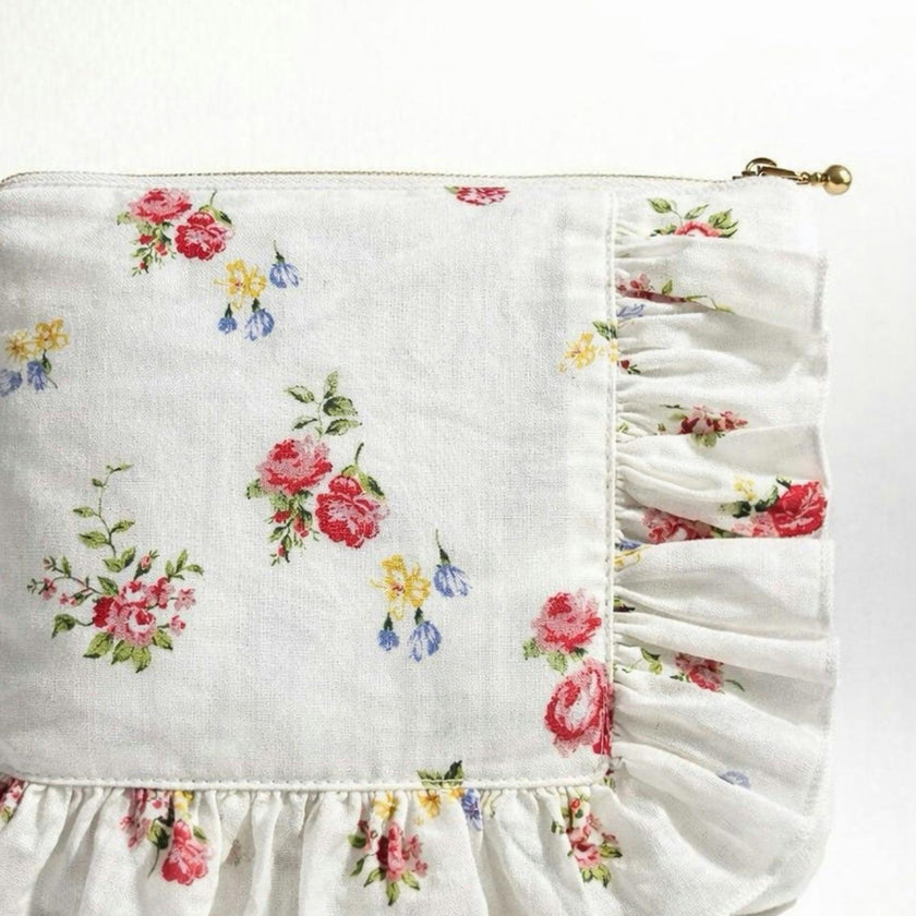 English Rose Posy Timeless Floral Ruffle Zipper Pouch