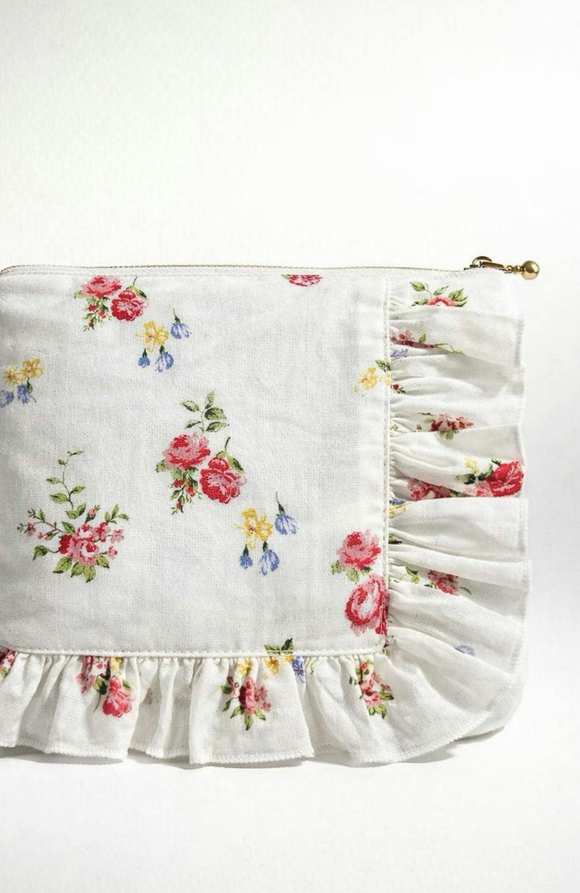 English Rose Posy Timeless Floral Ruffle Zipper Pouch