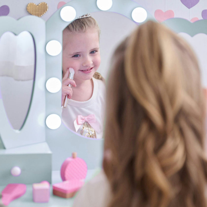 Teamson Kids Heart Glow Wooden Vanity Set with LED Lights Mirror & Stool