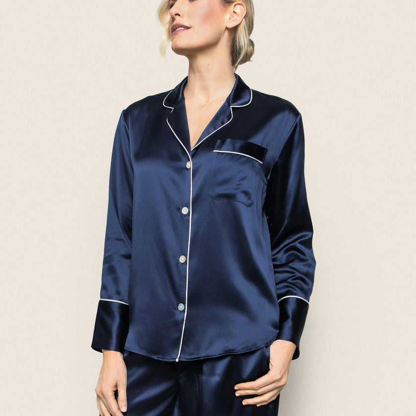 Women's Silk Pajama Set in Navy