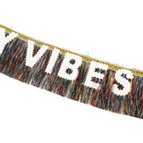 Packed Party Birthday Vibes Tinsel and Glitter Party Sash – 60 Inch Multicolor Tinsel Fringe with Iridescent Glitter Letters and Gold Binding Ties, One Size