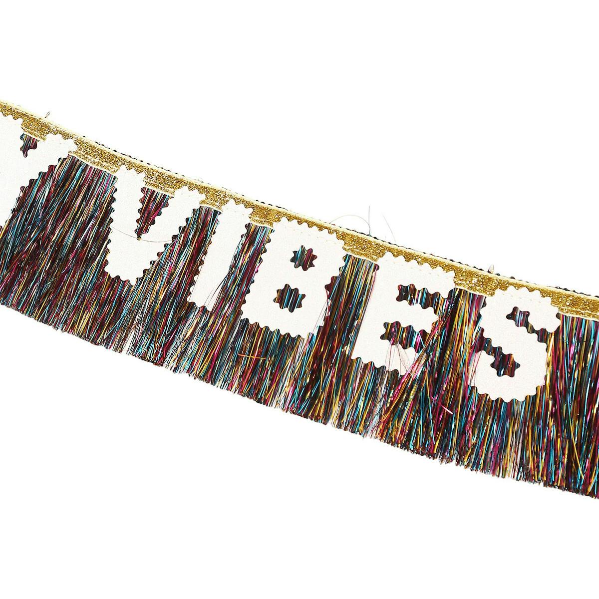Packed Party Birthday Vibes Tinsel and Glitter Party Sash – 60 Inch Multicolor Tinsel Fringe with Iridescent Glitter Letters and Gold Binding Ties, One Size