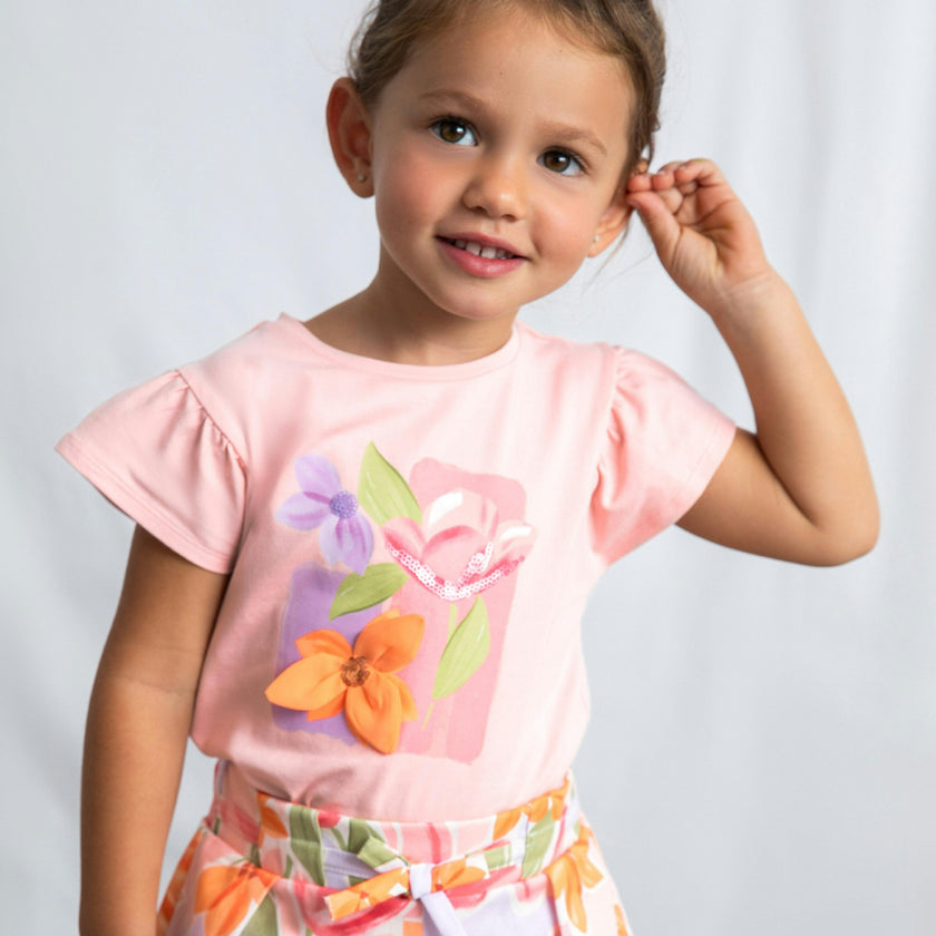 Pink T-Shirt With Ruffled Sleeves