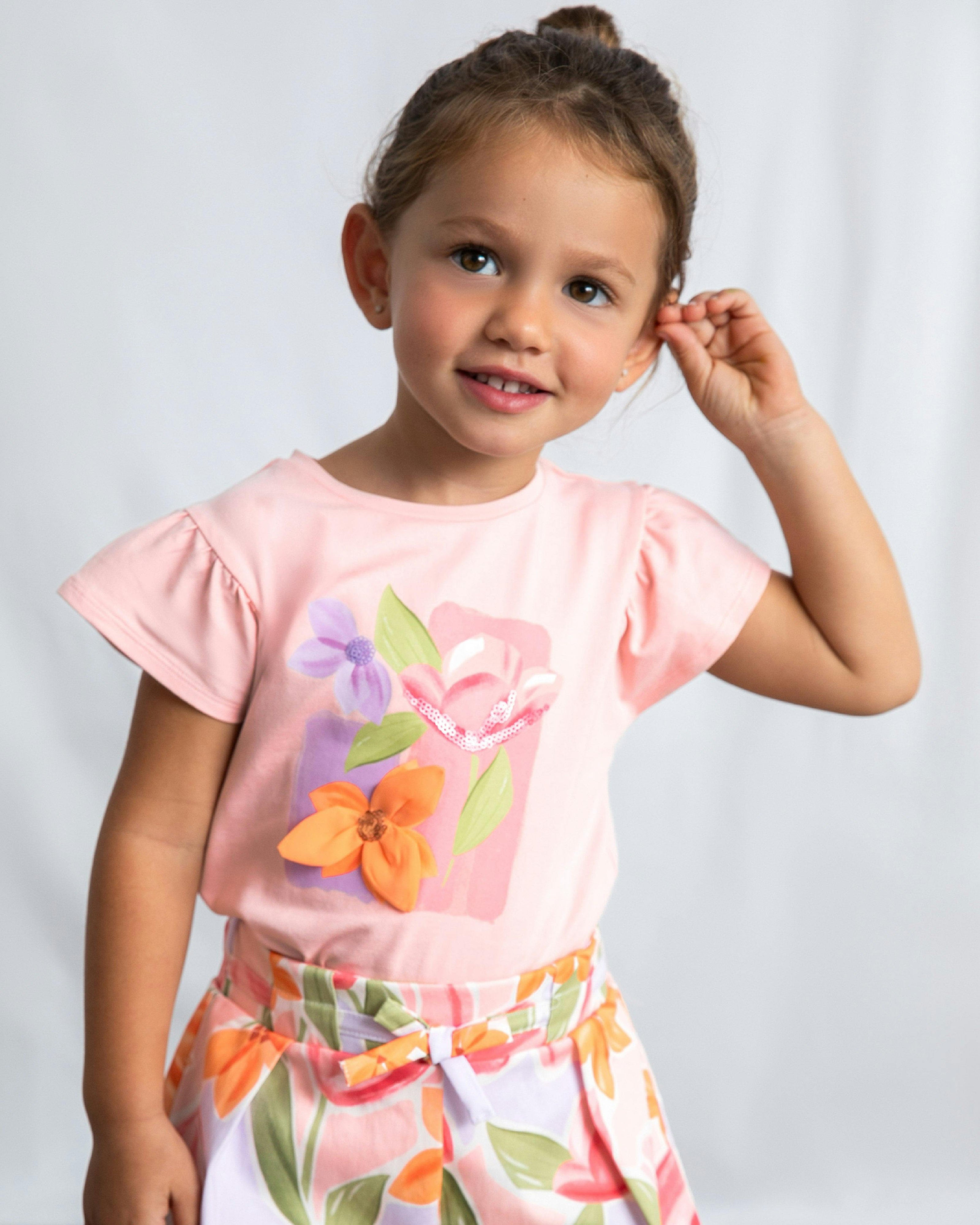 Pink T-Shirt With Ruffled Sleeves