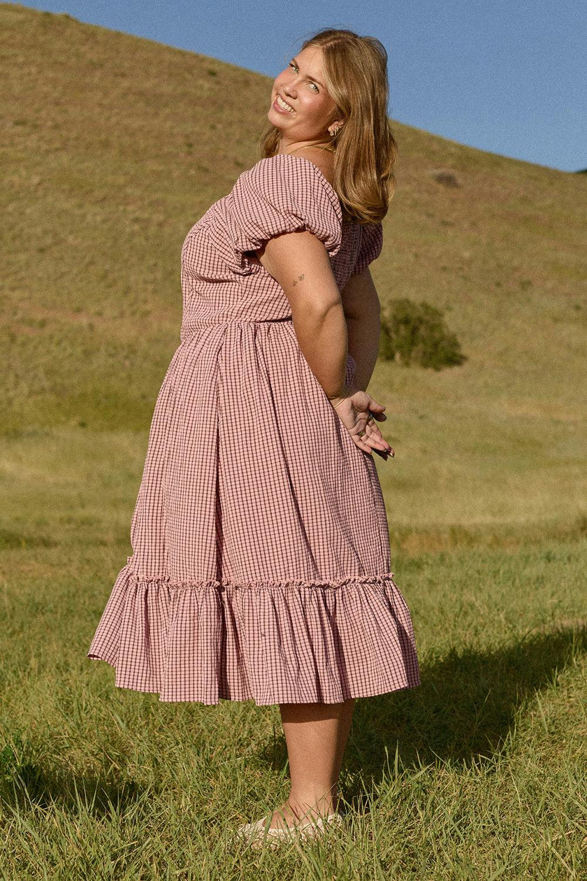 Monica Dress in Pink & Brown Gingham
