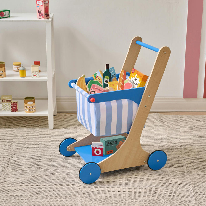 Teamson Kids Little Helper Mr. Fresh Wooden Shopping Cart with 13 Grocery Accessories