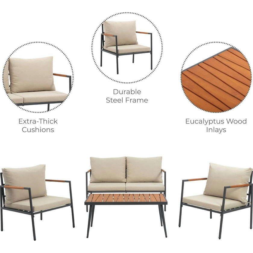 Teamson Home Cushioned Backrest & Wood Armrests Outdoor Conversation Set