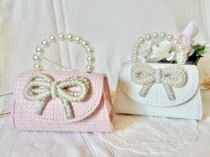 Luxe Tweed Purse with Pearl Diamond Bow - Pink