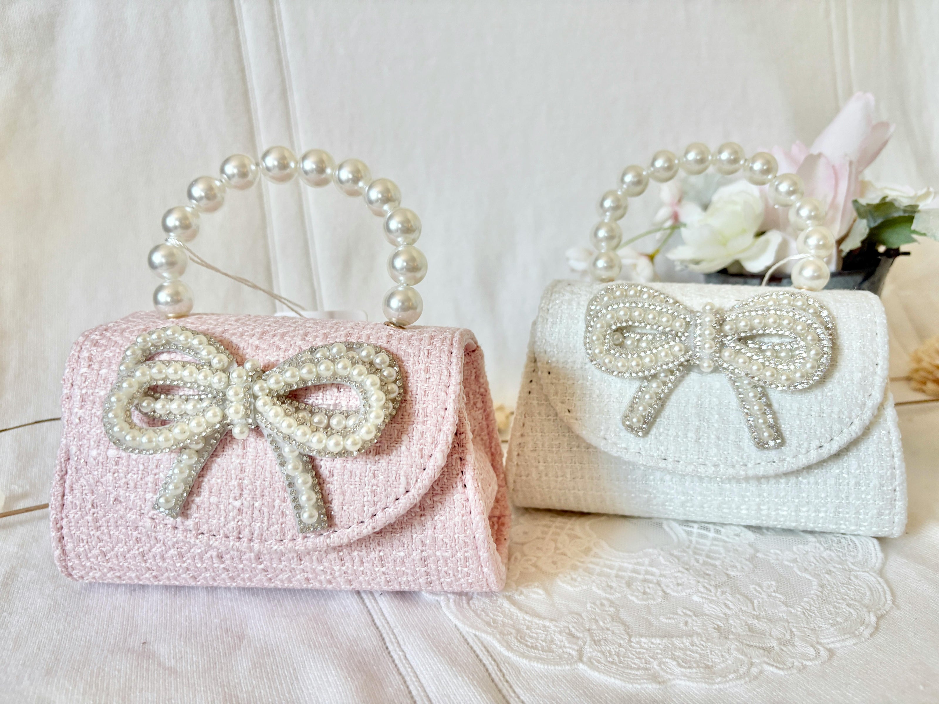 Luxe Tweed Purse with Pearl Diamond Bow - Pink
