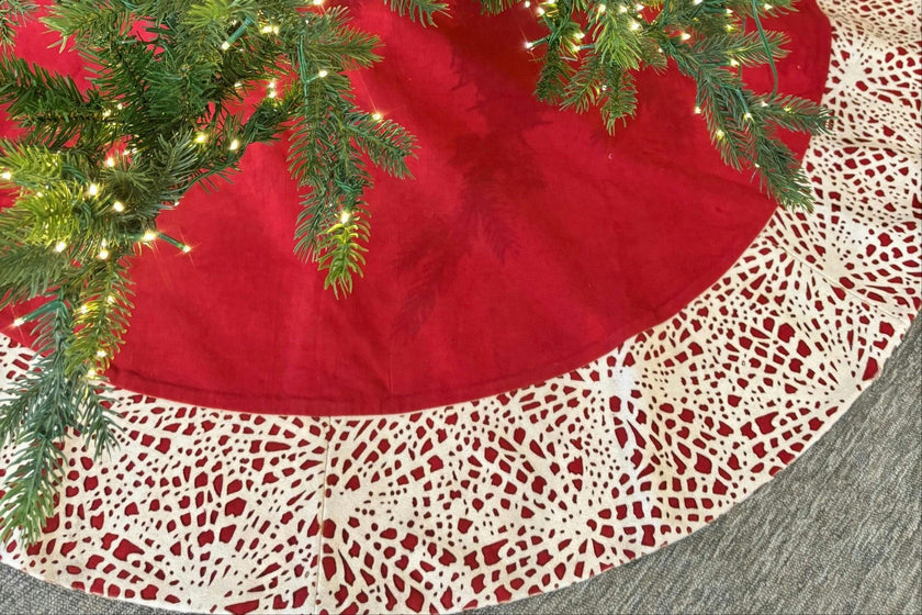 Handmade Linen Precision Cut Red Christmas Tree Skirt, 60"