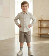 Achille Boy Shirt Long Slevees with 2 Pockets, Beige Grey Tartan