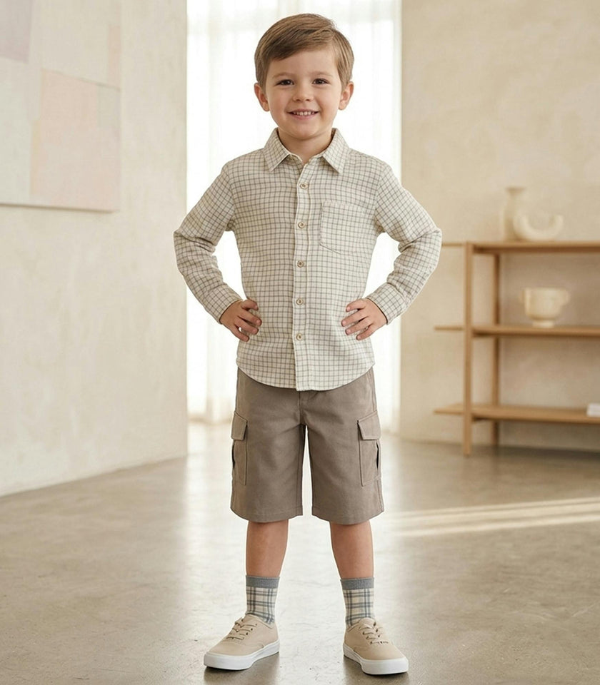 Achille Boy Shirt Long Slevees with 2 Pockets, Beige Grey Tartan