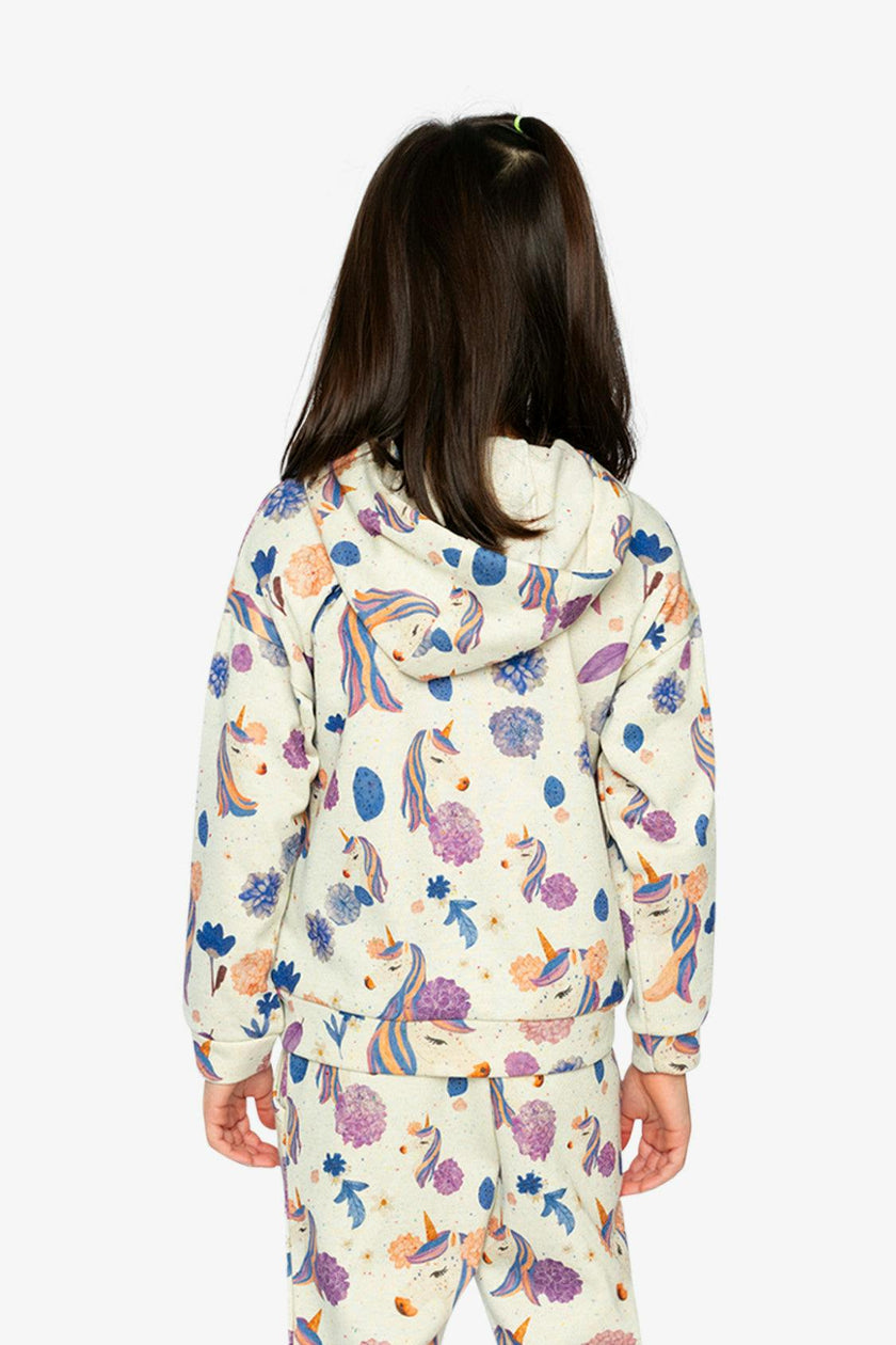 Hooded Zipped French Terry Cardigan Beige Unicorn Print
