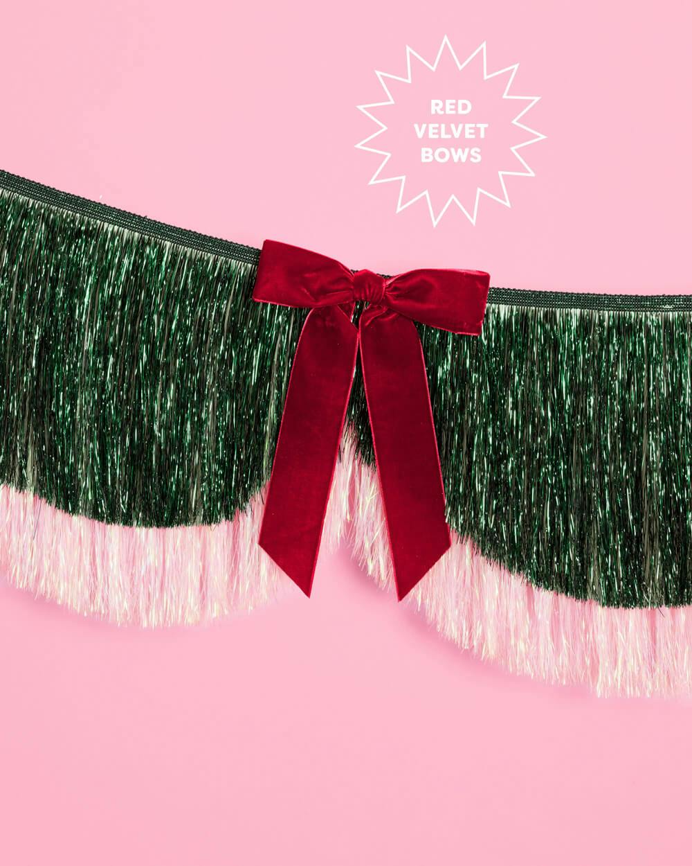 Christmas Bow Banner - fringe + velvet bows