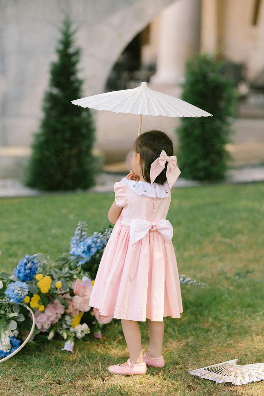 Pink Smocked Dress with Embroidered Cherries
