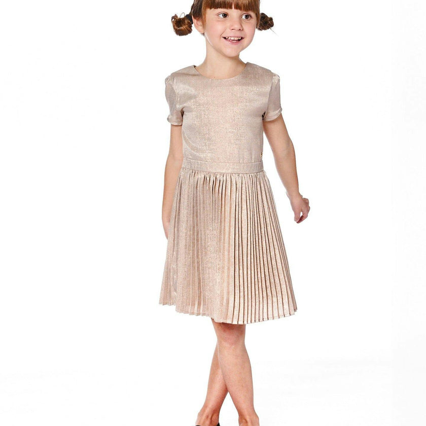 Short Sleeve Dress with Pleated Skirt Light Caramel