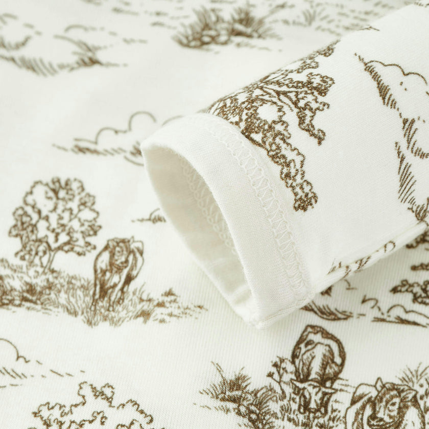 Country Toile Luxe Stretch Ruffle Footed Romper