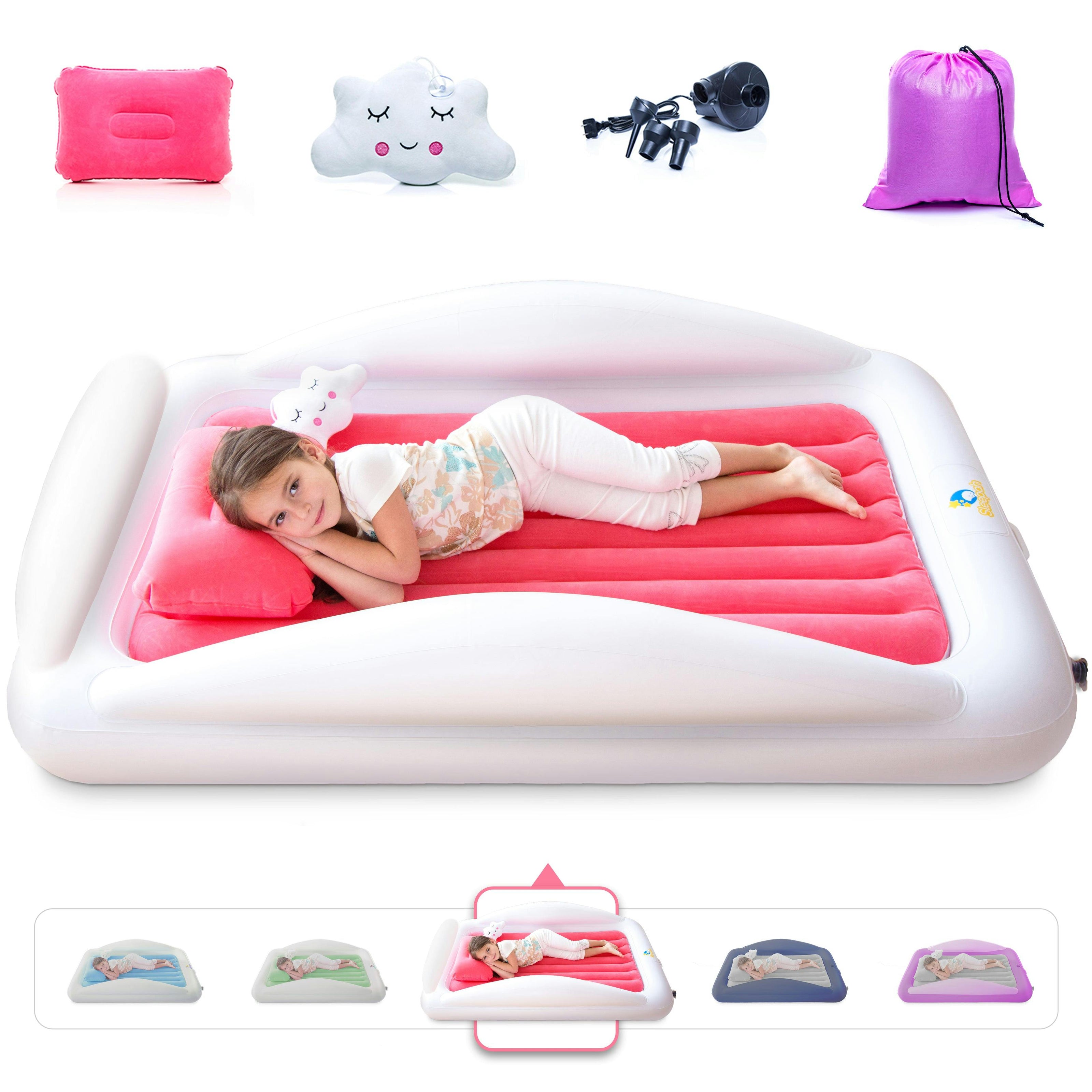 Inflatable Toddler Travel Bed – Kids Blow Up Air Mattress + Safety Bumpers