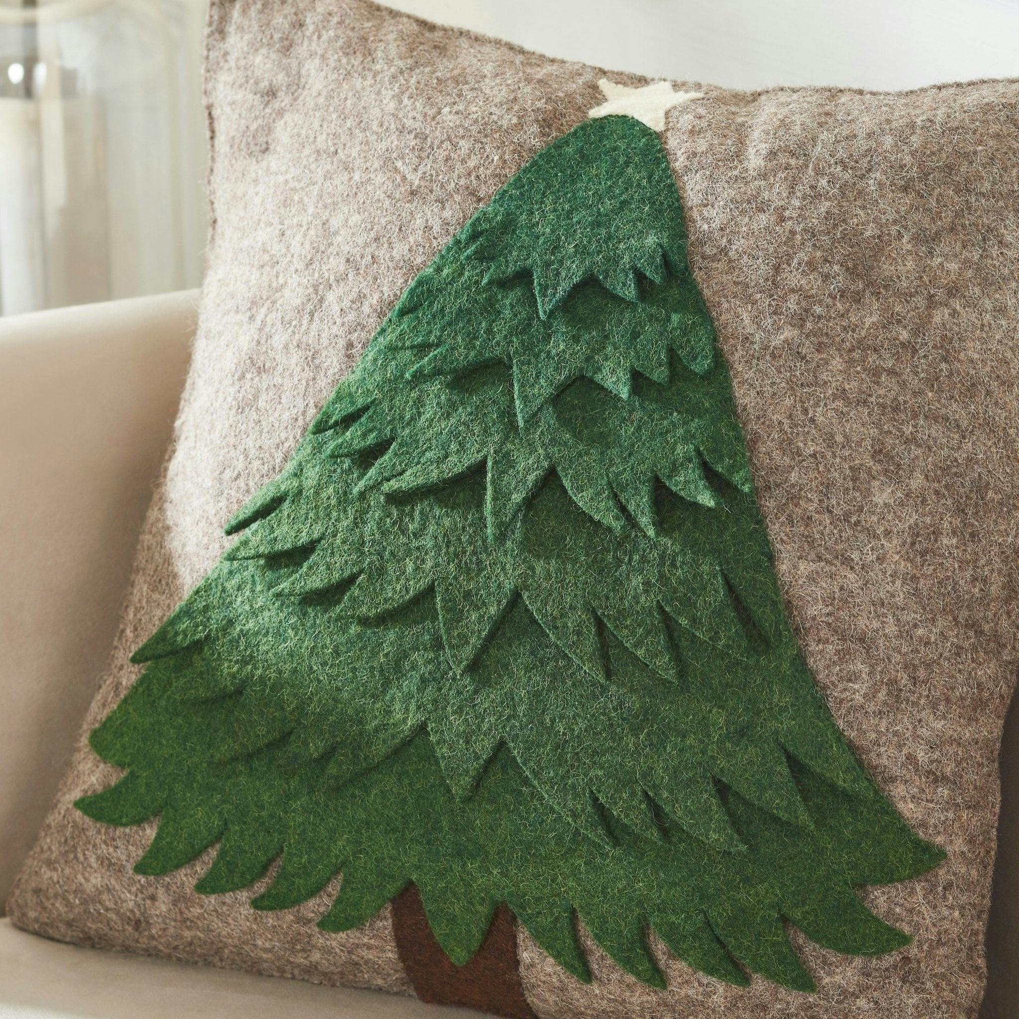 Handmade Christmas Pillow Hand Felted Wool - Green Tree Gray - 20